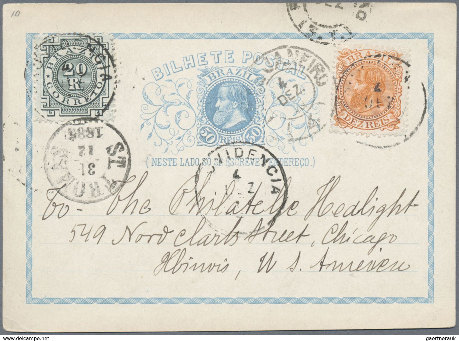 GA Brasilien - Ganzsachen: 1883, Stationery Card 50 R Light-blue Uprated 10 R Orange And 20 R Green Sen - Entiers Postaux