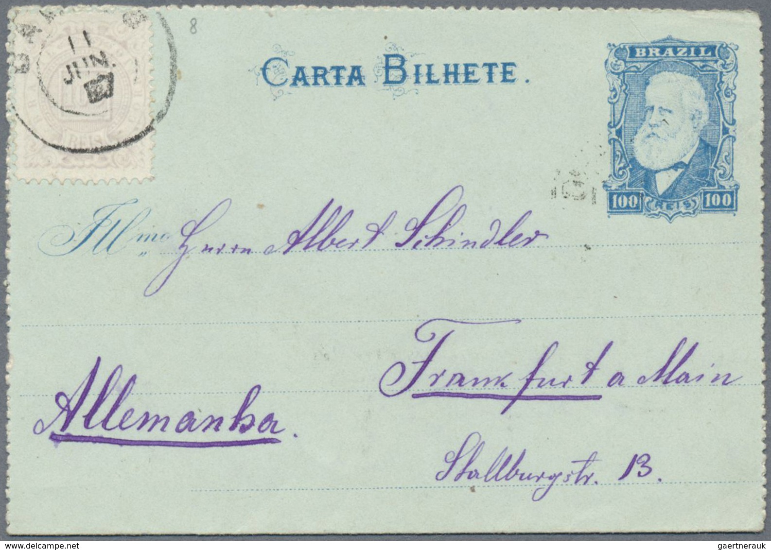 GA Brasilien - Ganzsachen: 1884, Stationery Letter Card 100 R Blue On Greenish Uprated 100 R Grey-viole - Postal Stationery