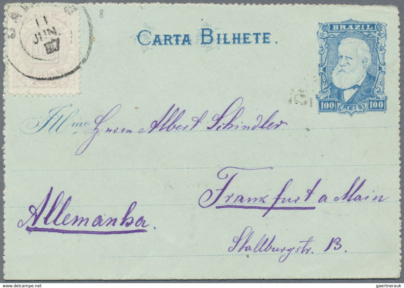 GA Brasilien - Ganzsachen: 1884, Stationery Letter Card 100 R Blue On Greenish Uprated 100 R Grey-viole - Entiers Postaux