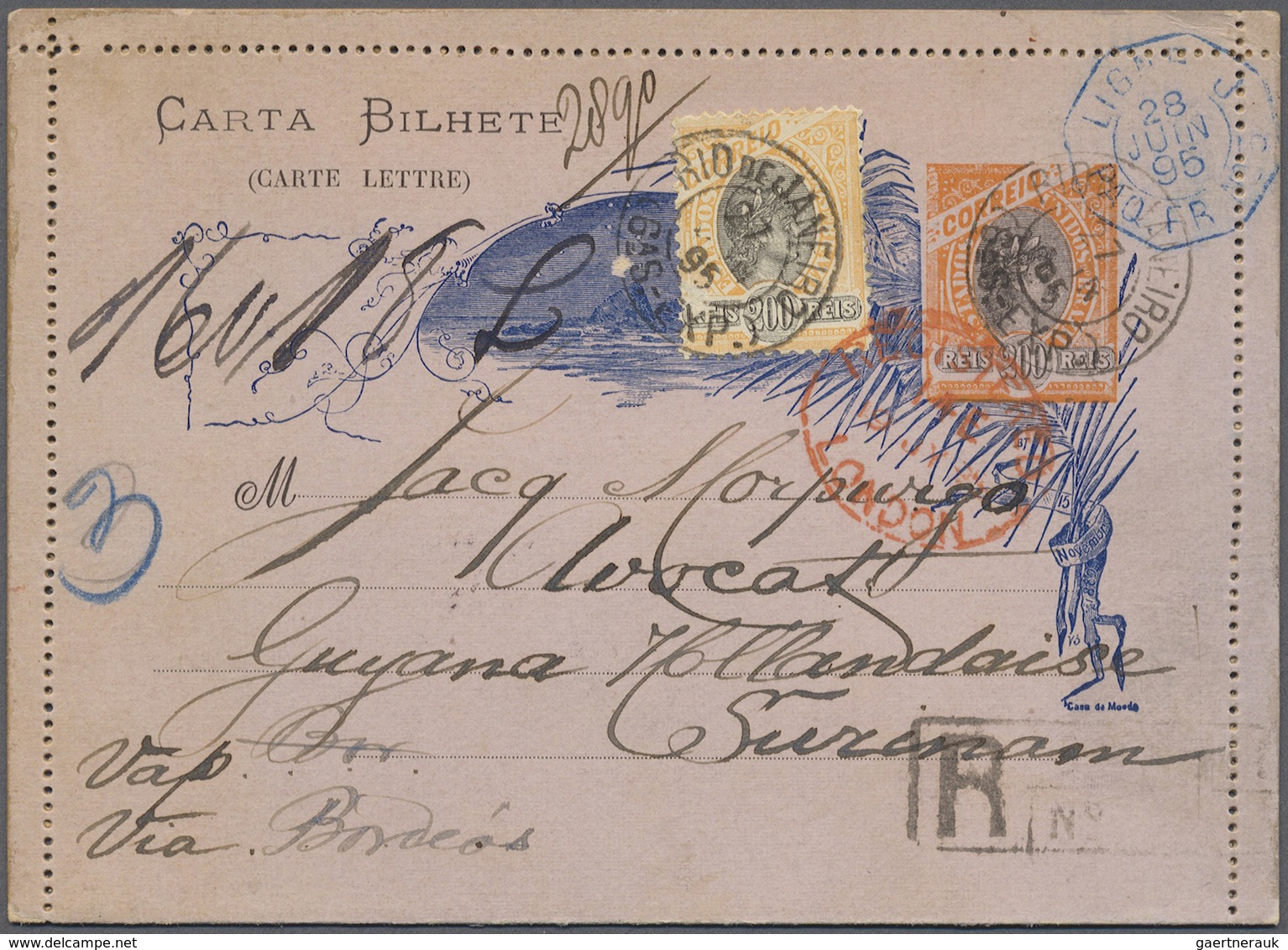 GA Brasilien - Ganzsachen: 1895. Registered Brazil Postal Stationery Letter Card 200r Scarlet Upgraded - Postal Stationery