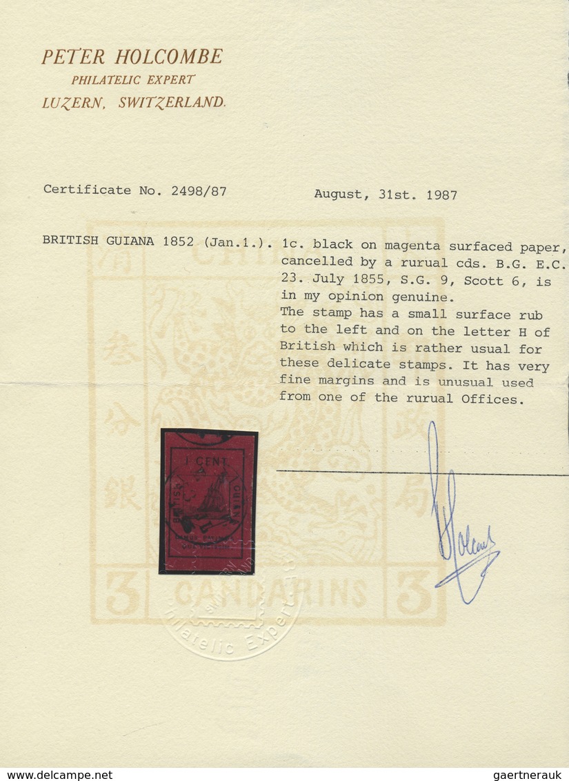 O Britisch-Guyana: 1852, 1c. Black On Magenta Surface-coloured Paper Imperforate With Very Fine Margin - Britisch-Guayana (...-1966)