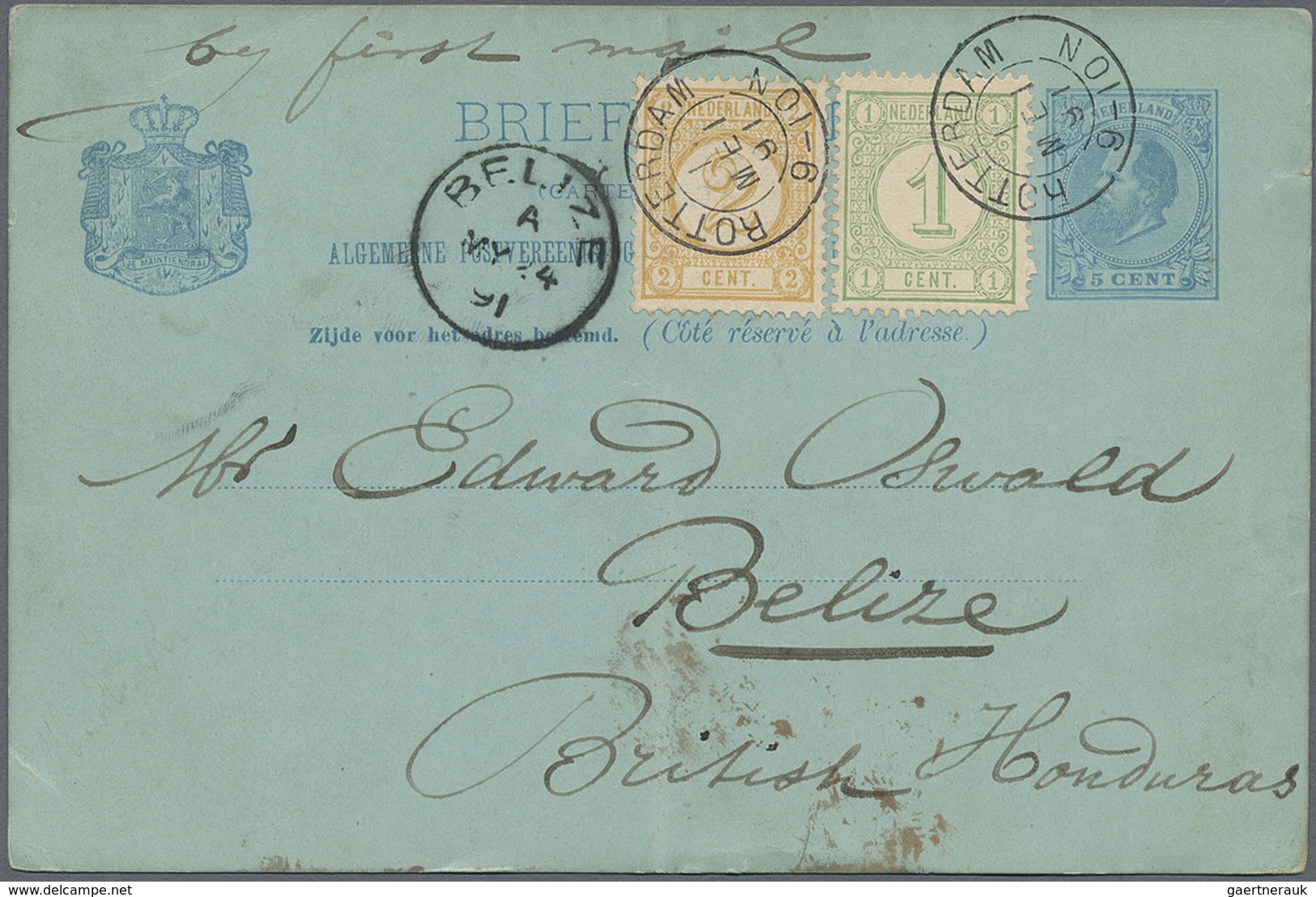 GA Britisch-Honduras: 1891. Netherlands Postal Stationery Card 5c Blue (vertical Fold, Hinges On The Re - Honduras Britannique (...-1970)
