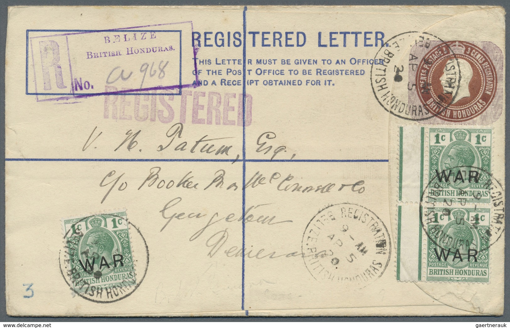 GA Britisch-Honduras: 1920. Registered Letter King GV Postal Stationery Envelope 2c Postage Plus 3 Cent - Honduras Britannique (...-1970)
