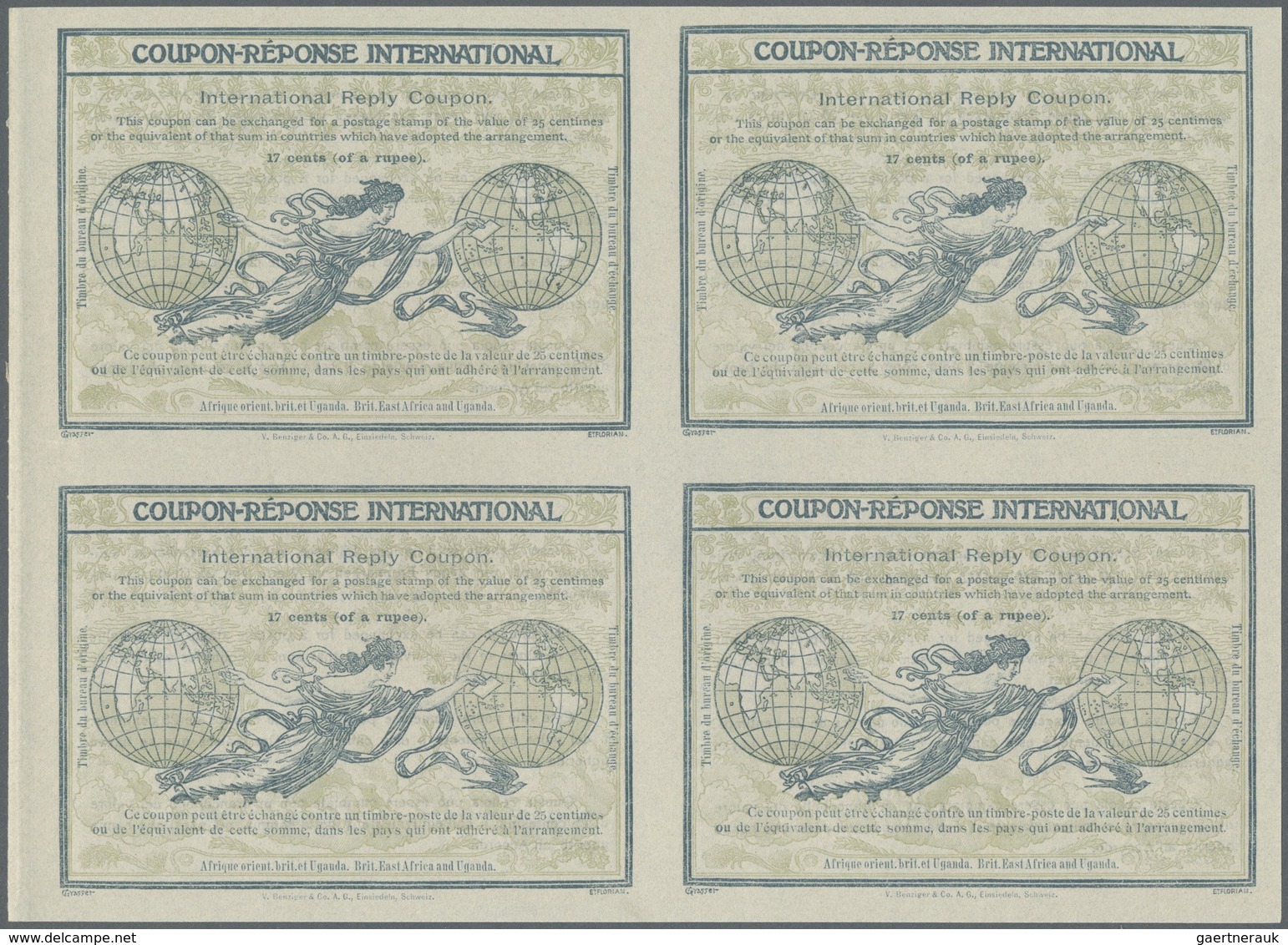 GA Britisch-Ostafrika Und Uganda: Design "Rome" 1906 International Reply Coupon As Block Of Four 17 C. - Protectorats D'Afrique Orientale Et D'Ouganda