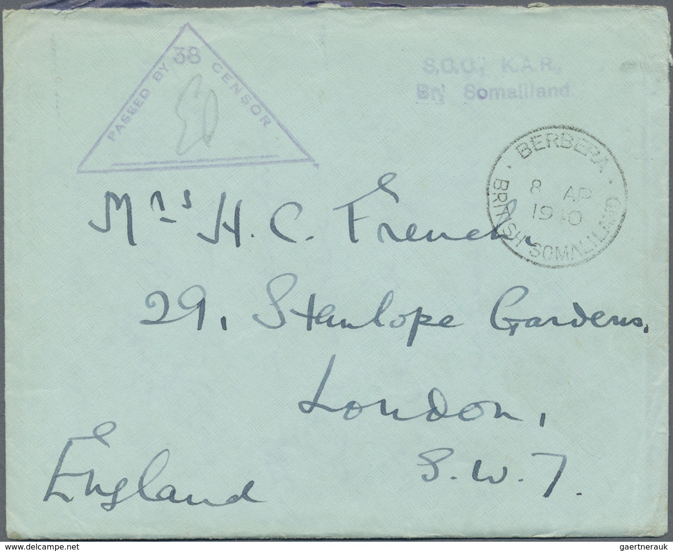 Br Britisch-Somaliland: 1940. Stampless Envelope Addressed To London Canalled By Berbera/British Somali - Somaliland (Protectoraat ...-1959)