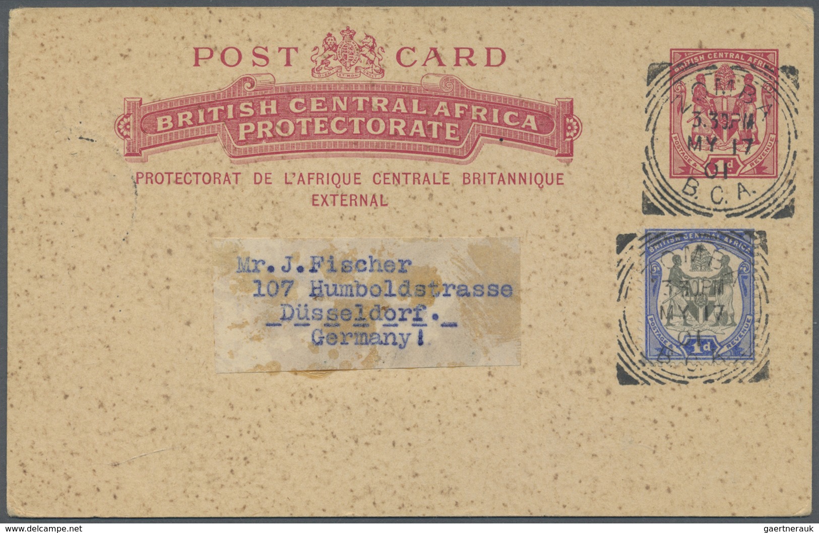 GA Britisch-Zentralafrika: 1901, Postal Stationery Card 1d. Carmine (1901) Used Uprated By 1 Pence Blue - Andere & Zonder Classificatie