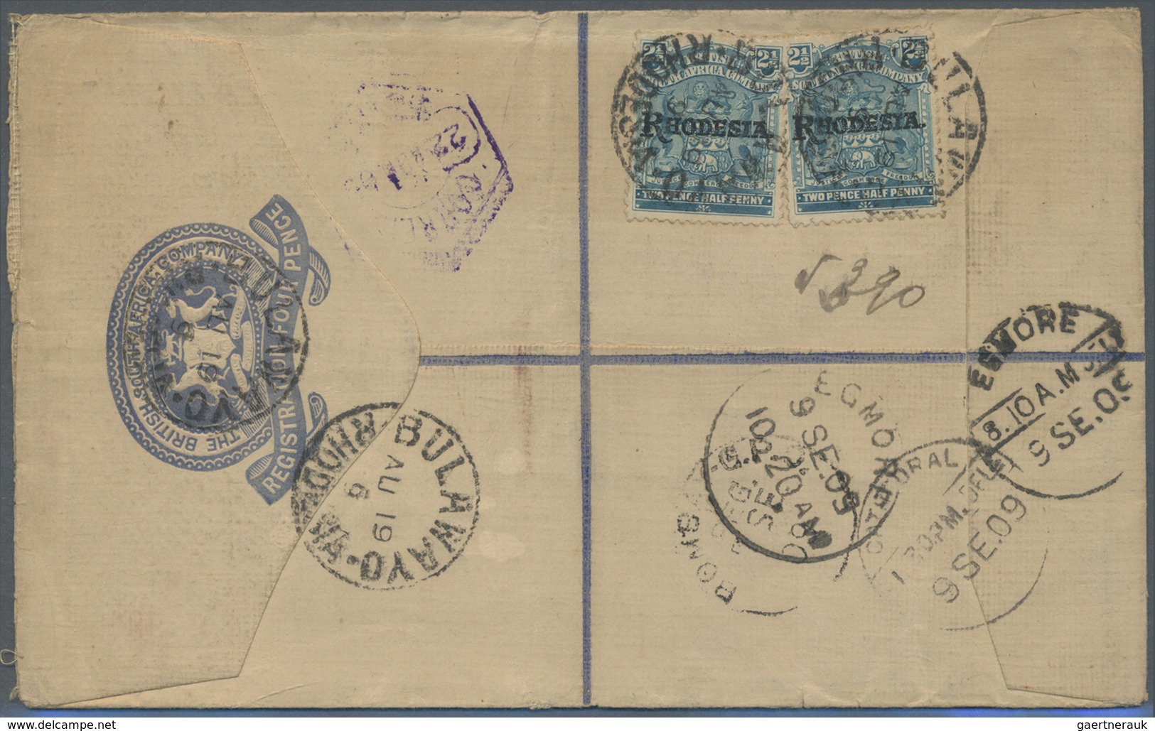 GA Britische Südafrika-Gesellschaft: 1909, 4 Pence Registered Envelope Uprated With 2 X 2 1/2 P. Blue ( - Non Classés