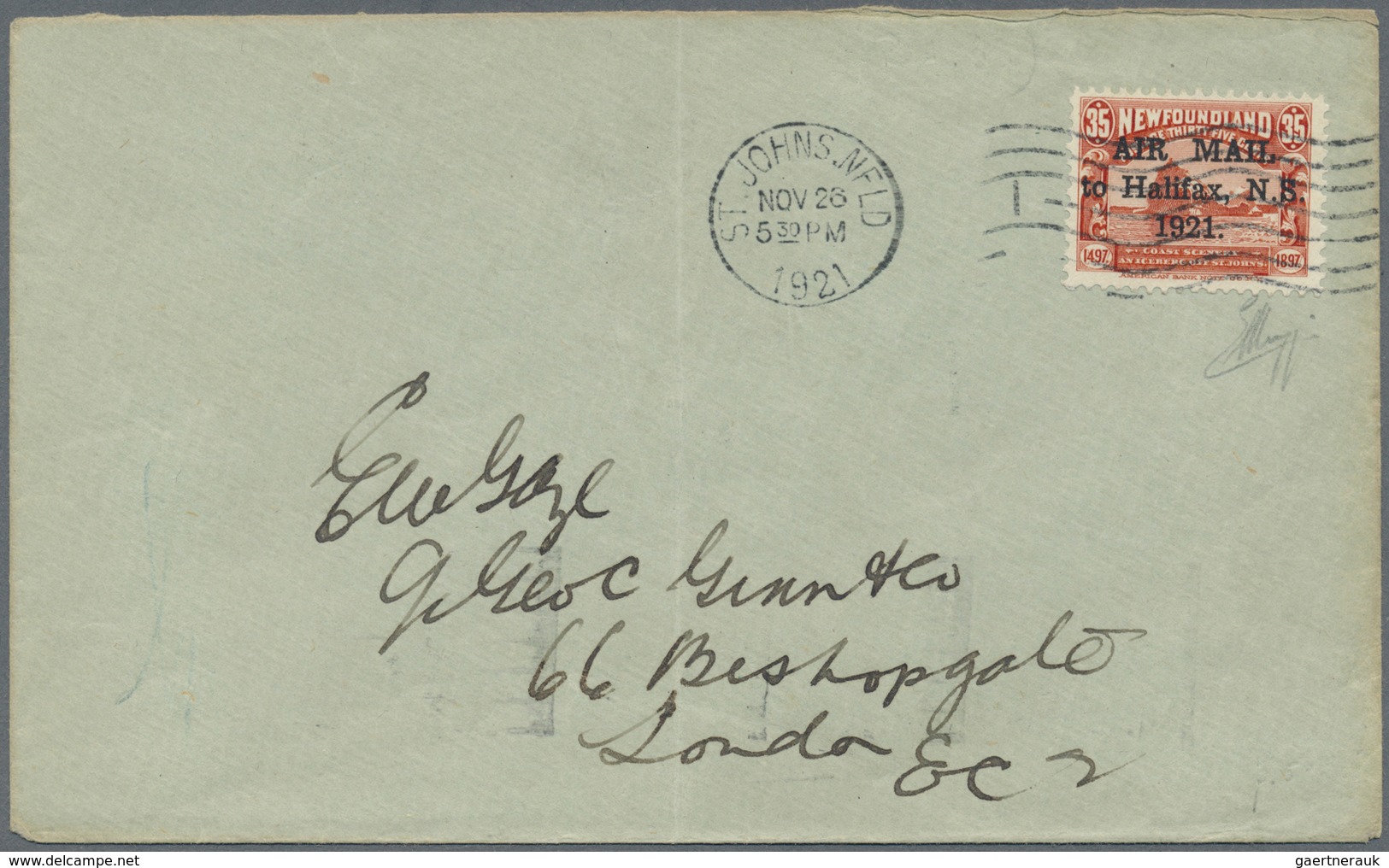 Neufundland: 1921, Airmail 35 C. Scarlet With Ovrprint Type I, Tied By Machine Cancel "ST.JOHNS NOV. - 1857-1861