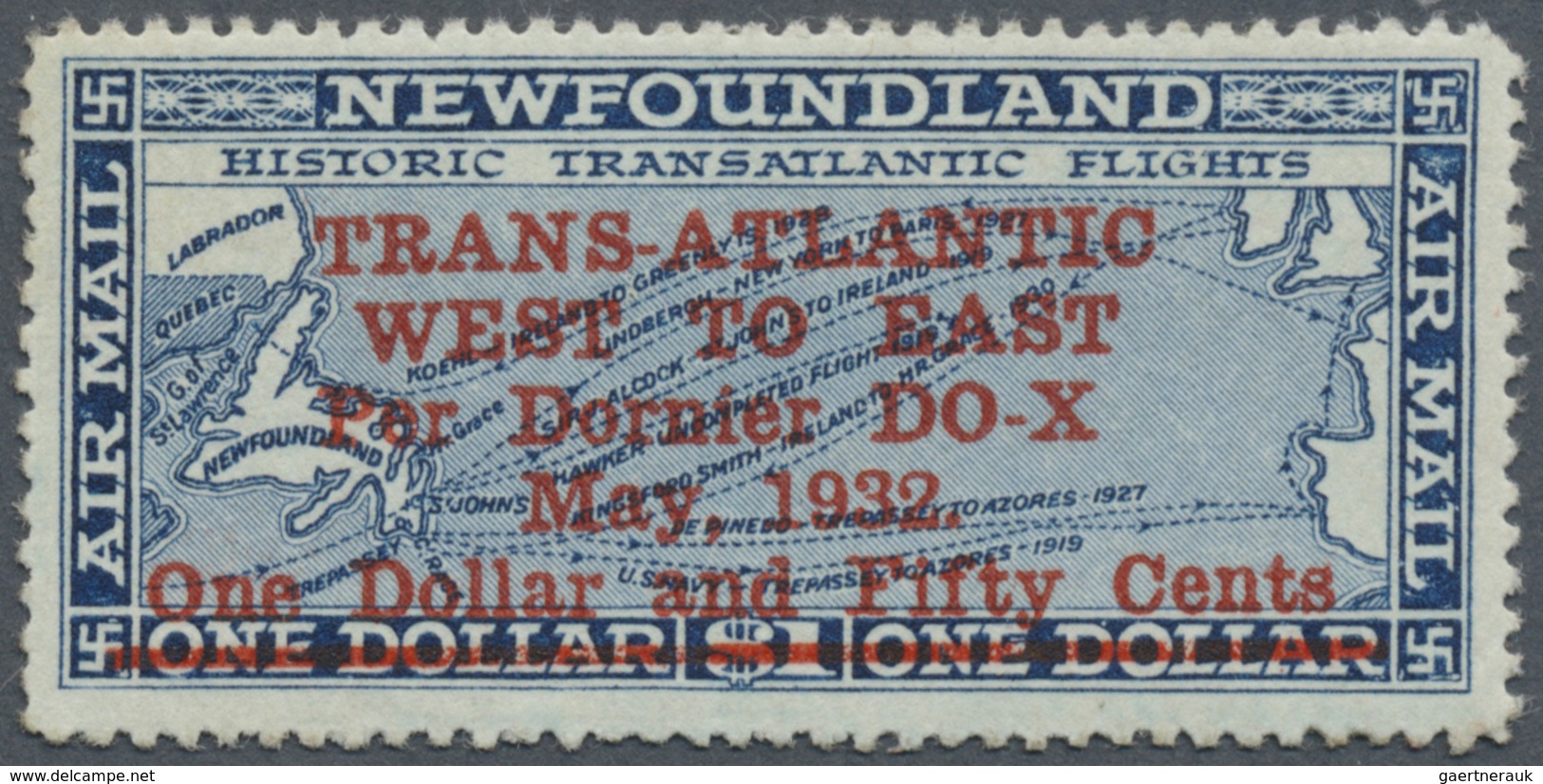 * Neufundland: 1932, Airmail Issue $1.50 On $1 Deep Blue With Red Opt. 'TRANS-ATLANTIC / WEST TO EAST - 1857-1861