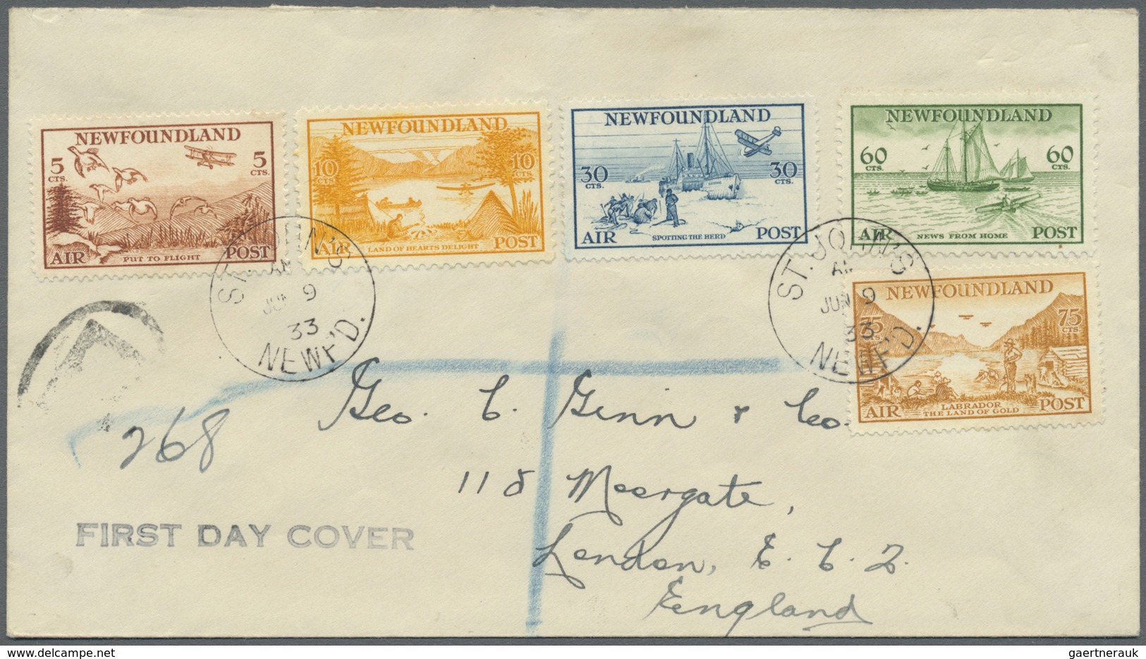 Br Neufundland: 1933, 5 C Red Brown To 75 C Yellow Brown Flight Post Stamps Complete On Cover From ST. - 1857-1861