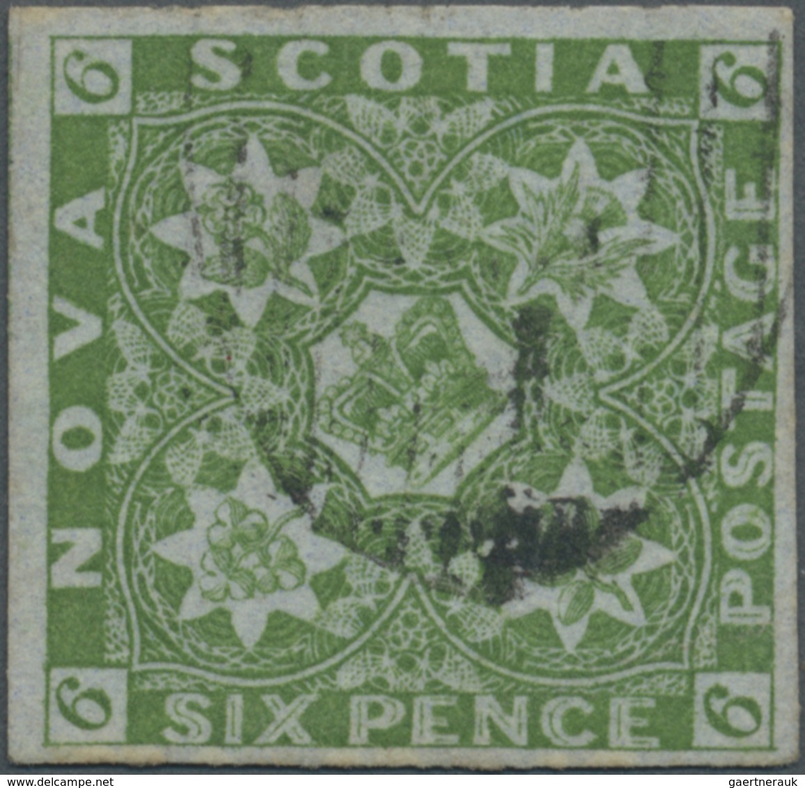 O Neuschottland: 1851 6d. Yellow-green On Bluish Paper, Used With Part Stike Of Oval Of Bars, Complete - Brieven En Documenten