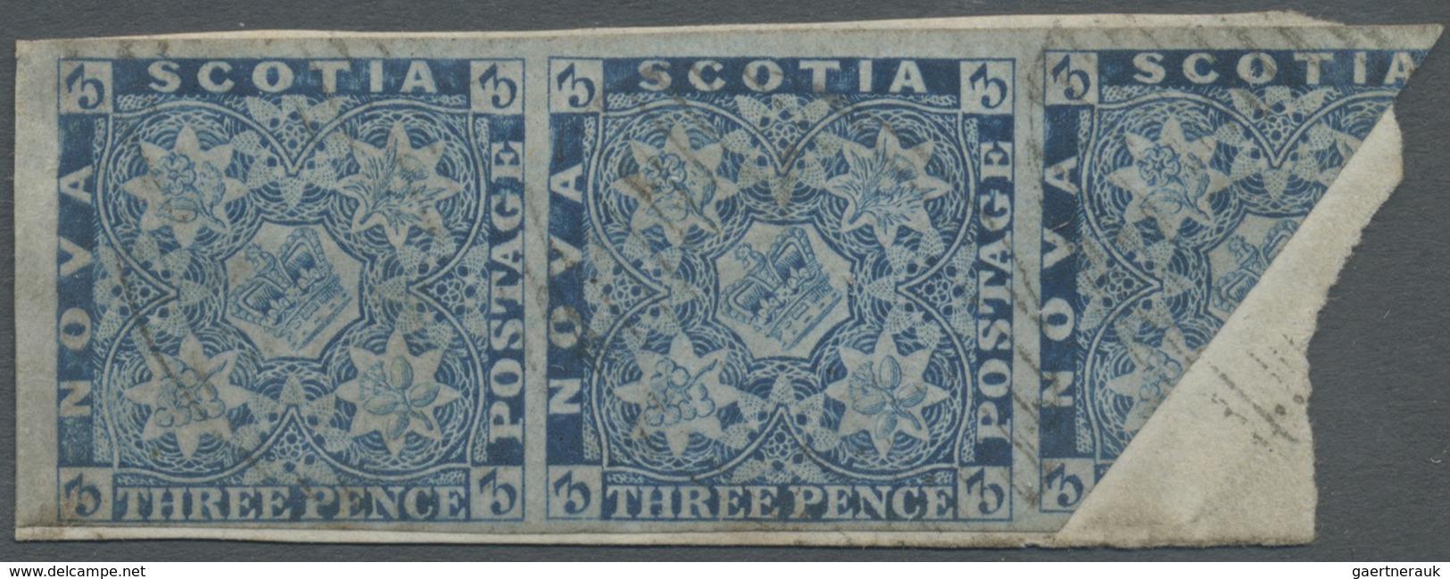 Brfst Neuschottland: 1857, Crown And Heraldic Flowers Imperf. 3d. Pale Blue Horiz. Strip Of Three With The - Lettres & Documents