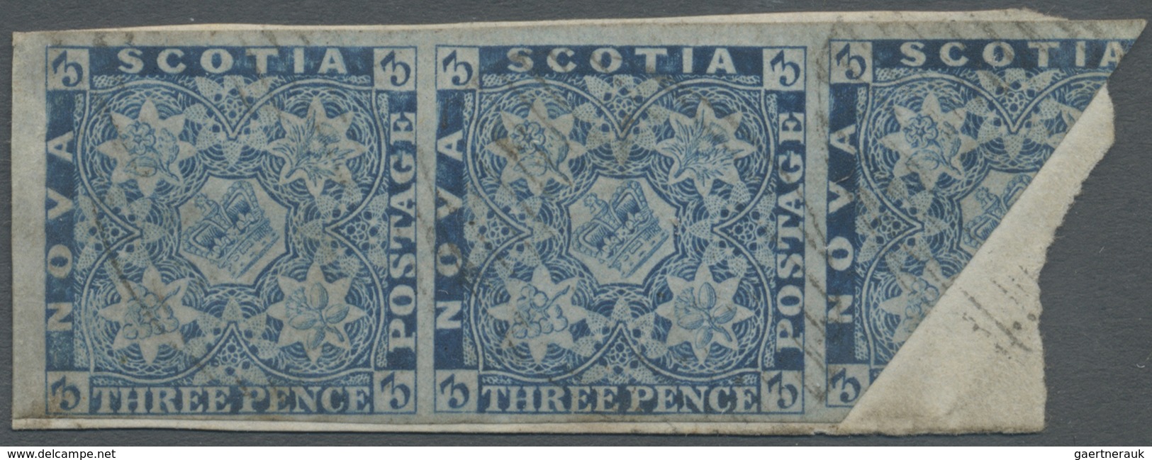 Brfst Neuschottland: 1857, Crown And Heraldic Flowers Imperf. 3d. Pale Blue Horiz. Strip Of Three With The - Brieven En Documenten