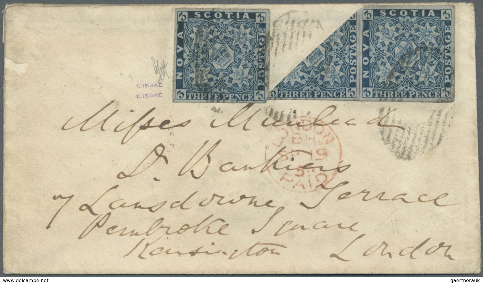 Br Neuschottland: 1859, Crown And Heraldic Flowers 3d. Bright Blue Single And Horiz. Pair With DIAGONAL - Brieven En Documenten