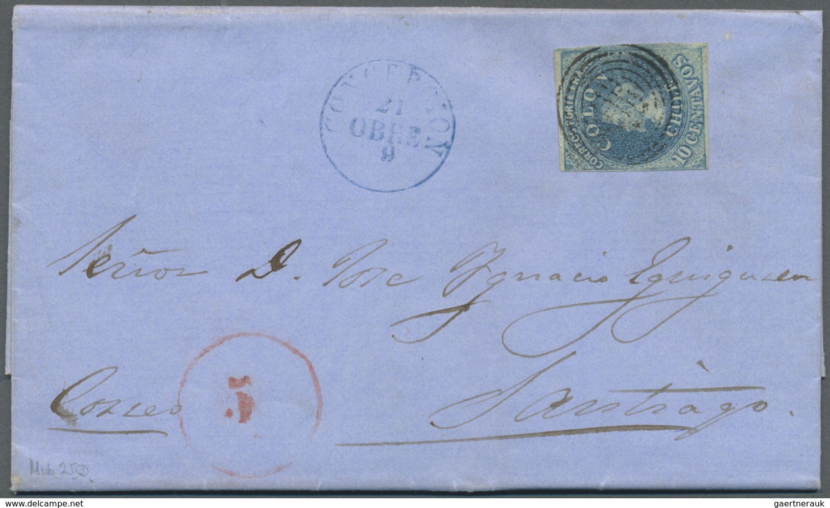 Br Chile: 1859, Letter From CONCEPTION To Santiago Franked With 10 C. Colon With Red Taxmark "5". Expla - Chili