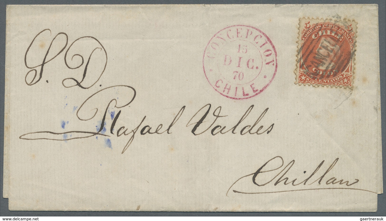 Br Chile: 1860/1870, Five Folded Entires With Different Frankings Incl. Imperf. Single 10c. Blue, Imper - Chili