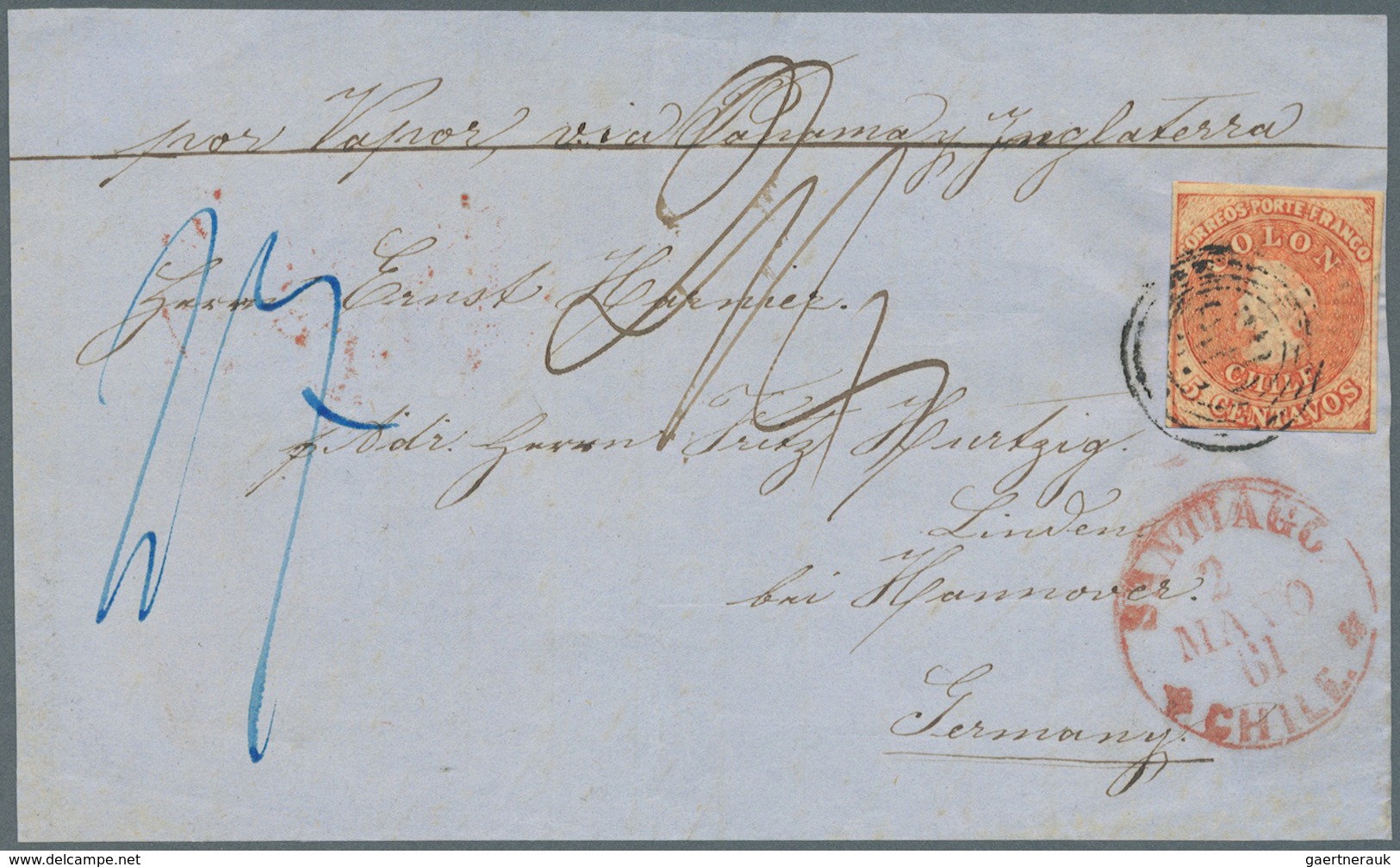 Br/Brfst Chile: 1861, 5c. Red, Single On Envelope Front Only Tied By Black Target, Red "SANTIAGO 2/MAYO 61 CH - Chili