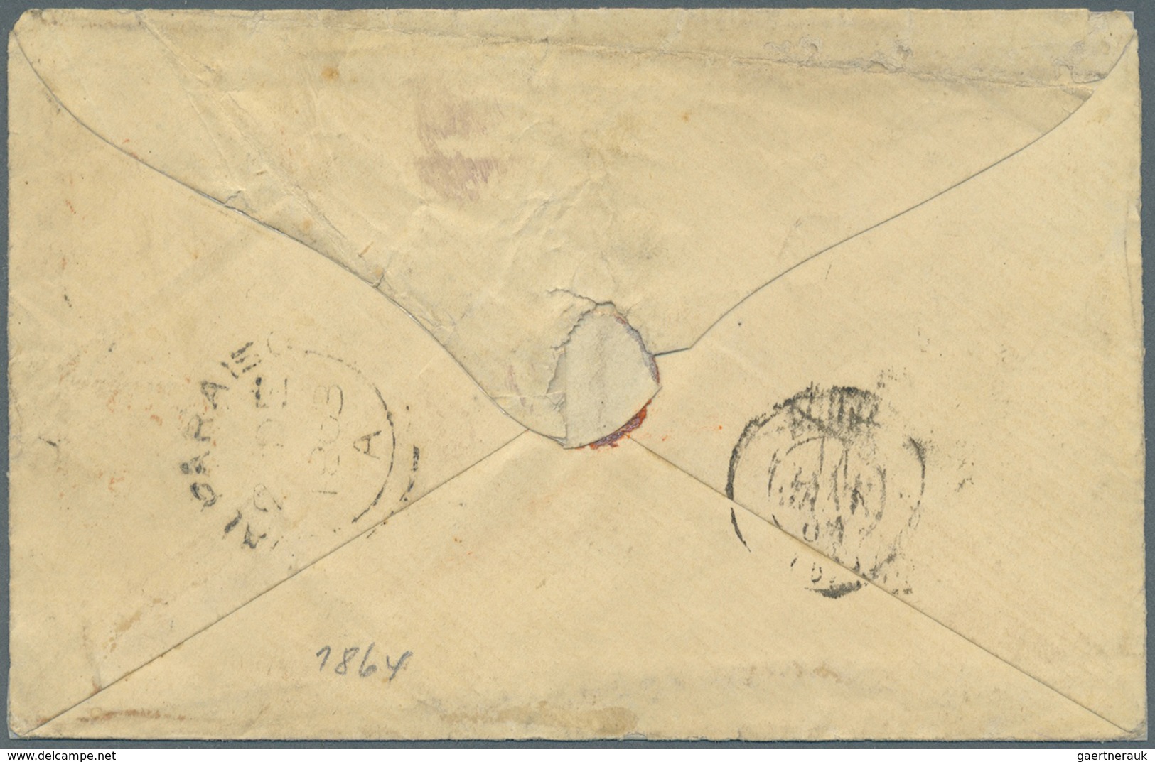 Br Chile: 1864, Stampless Folded Envelope Tied By Red Crown Mark "PAID AT VALPARAISO", Ms. "VIA PANAMA" - Chili