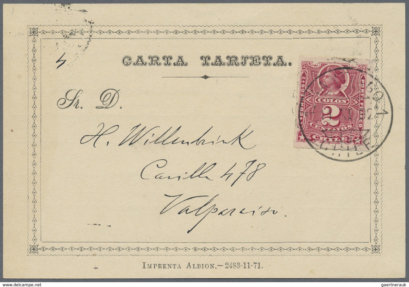 Br/GA Chile: 1871, 2 C Rose Single Franking On Official Postcard From (Imprenta Albion), Sent From SANTIAG - Chili