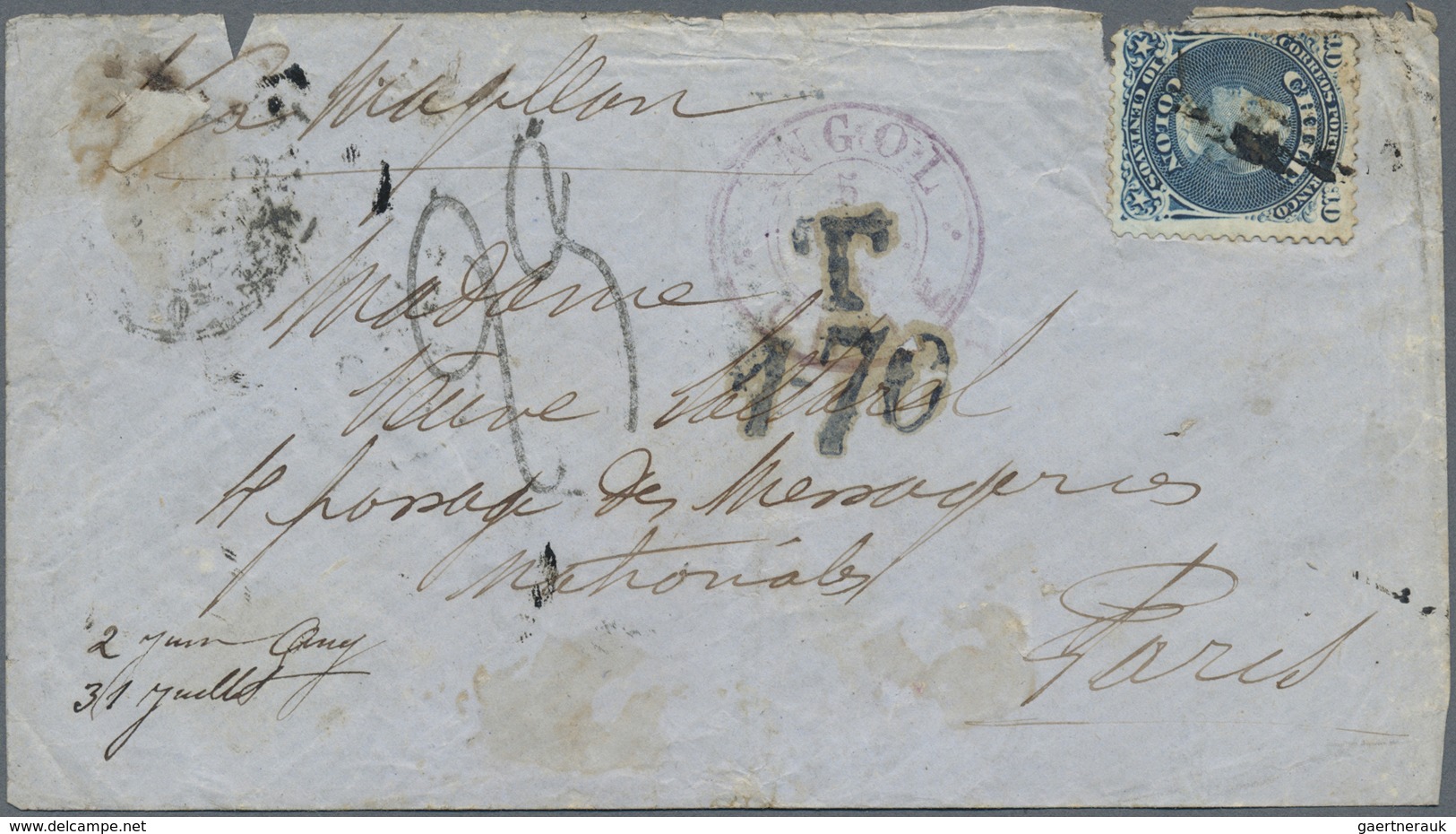 Br Chile: 1876. Envelope (faults) Addressed To France Bearing Chile Yvert 14. 10c Blue Tied By Cork Can - Chili