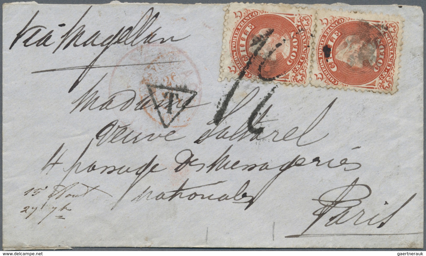 Br Chile: 1876. Envelope Addressed To France Bearing Chile Yvert 13, 5c Orange/red (2) Tied By Cork Cac - Chili