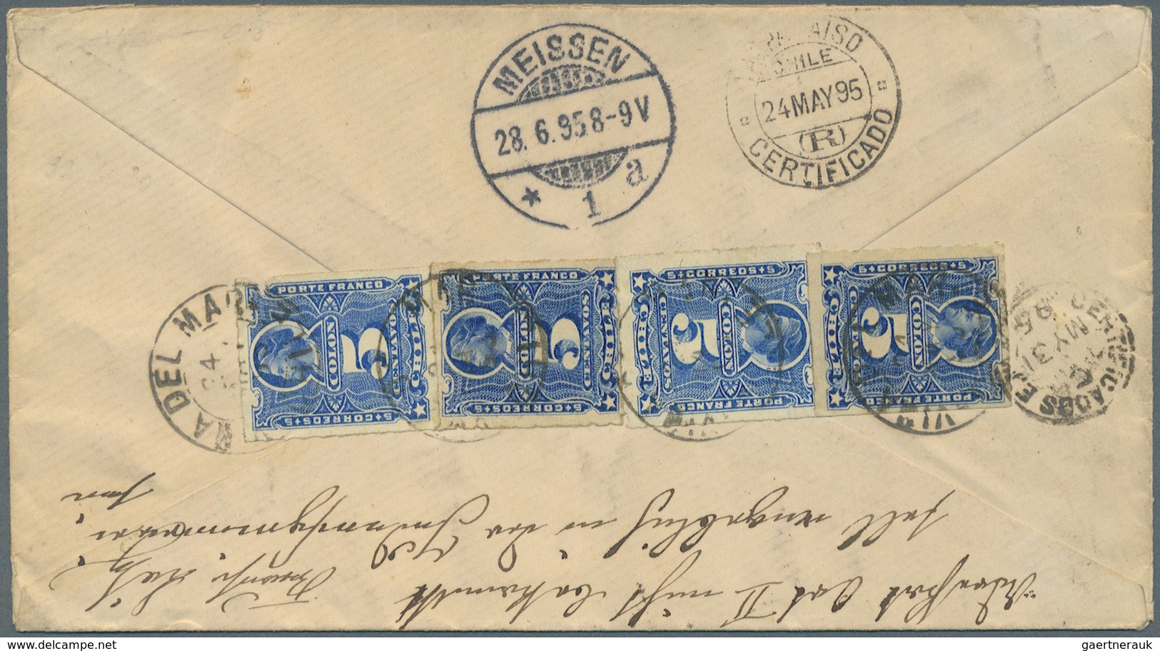 Br Chile: 1895, 5c. Ultramarine Four Singles Stamps On Reverse Of Registered Cover Tied By "VIMA DEL MA - Chili