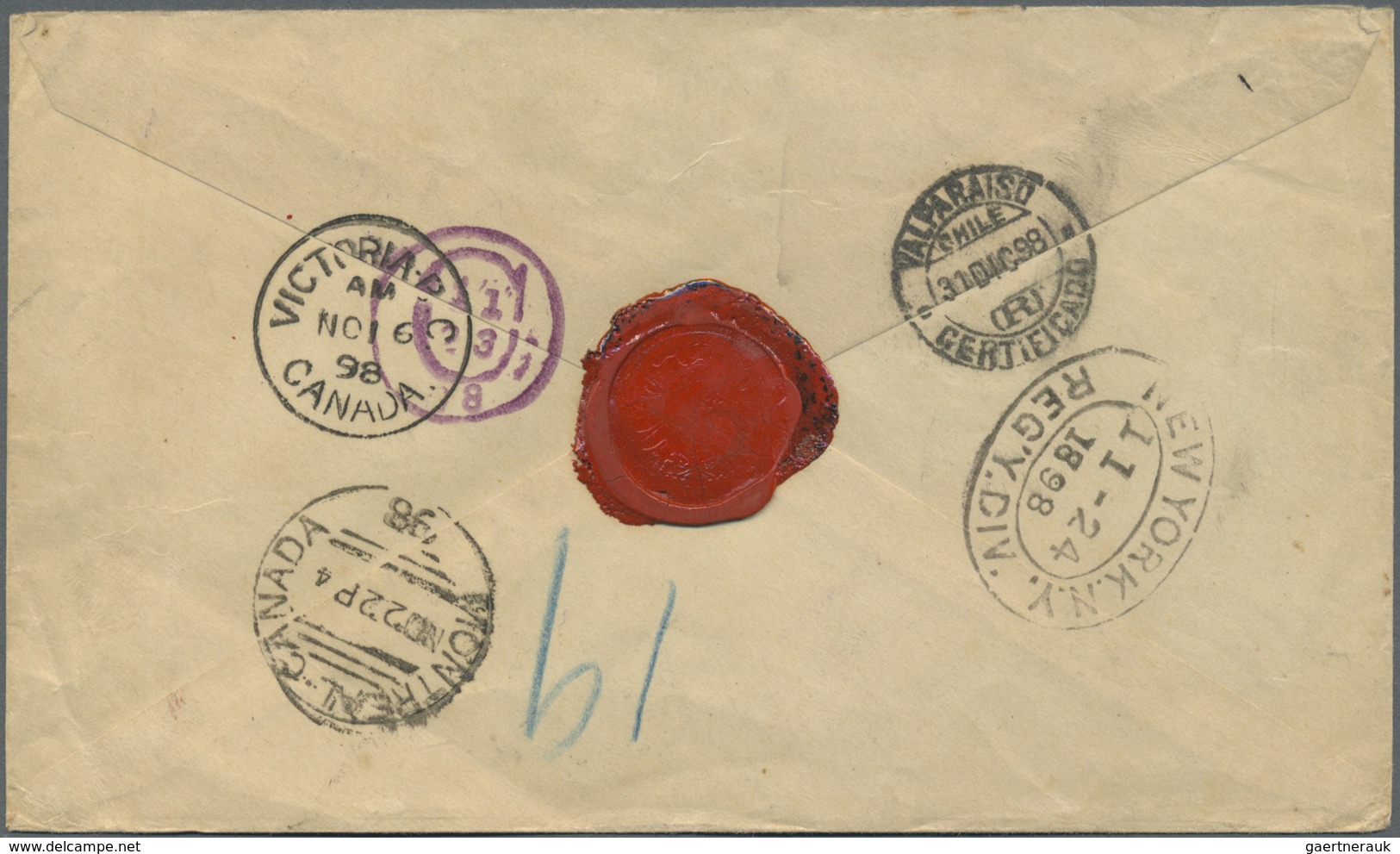 Br Chile: 1898. Registered Envelope Addressed To Chile Bearing 'Koban' SG 120, 10s Brown (pair) Tied By - Chili