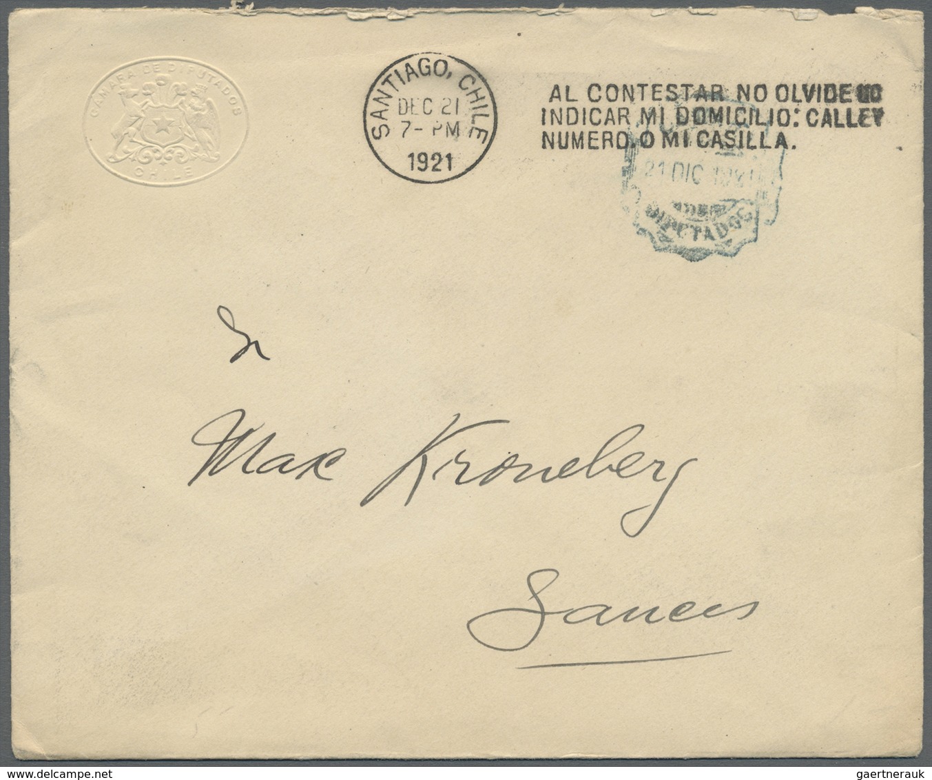 Br Chile: 1904/1932, CAMARA DE DIPUTADOS, Four Used Envelopes With Embossed Imprint "Camara De Diputado - Chili