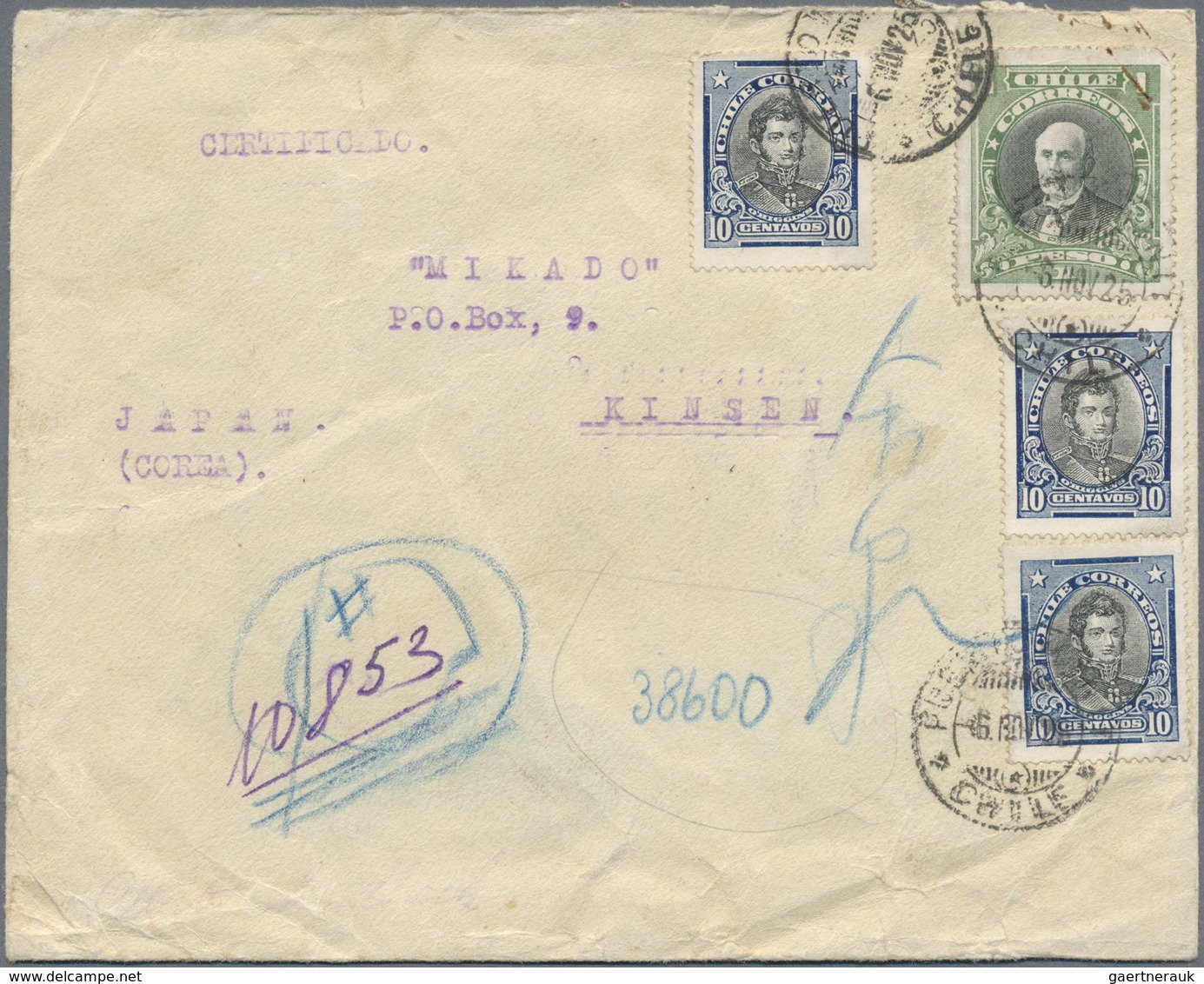 Br Chile: 1925, 3 X 10 Ct Blue/black And 1 P Green/black, Mixed Franking On Registered Cover From PUERT - Chili