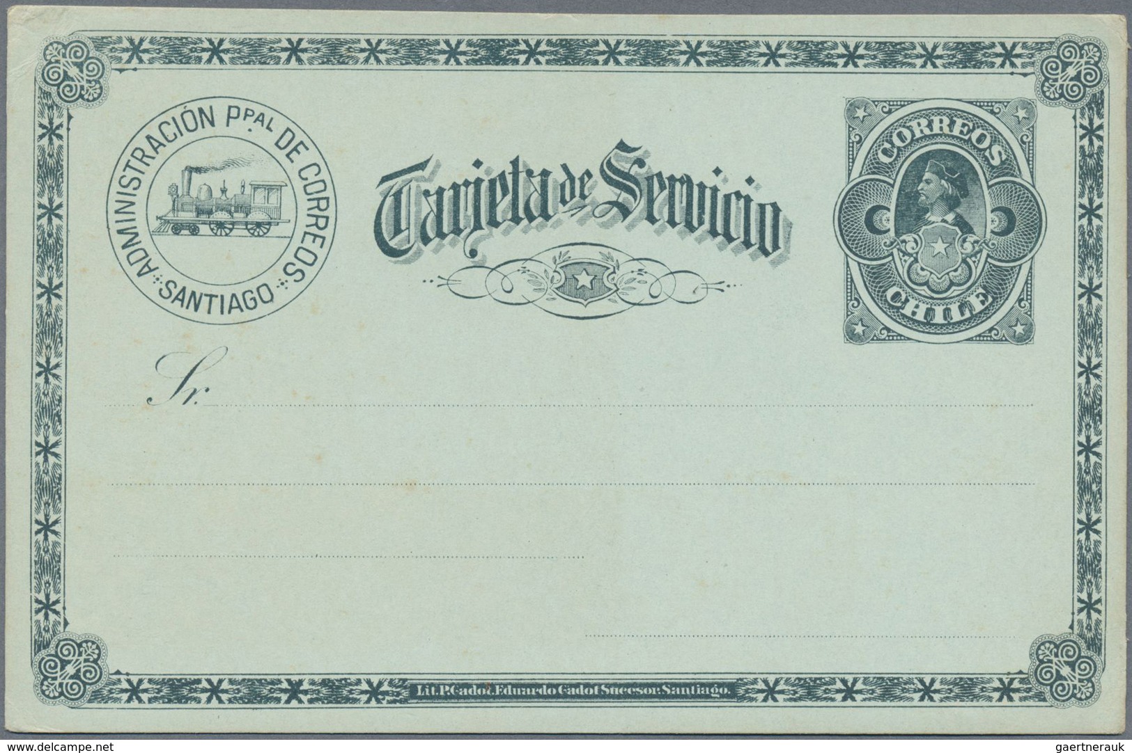 GA Chile - Ganzsachen: 1892, Chile. Officiale Postcard (carton Color: Blue-green) Without Face Value. O - Chili