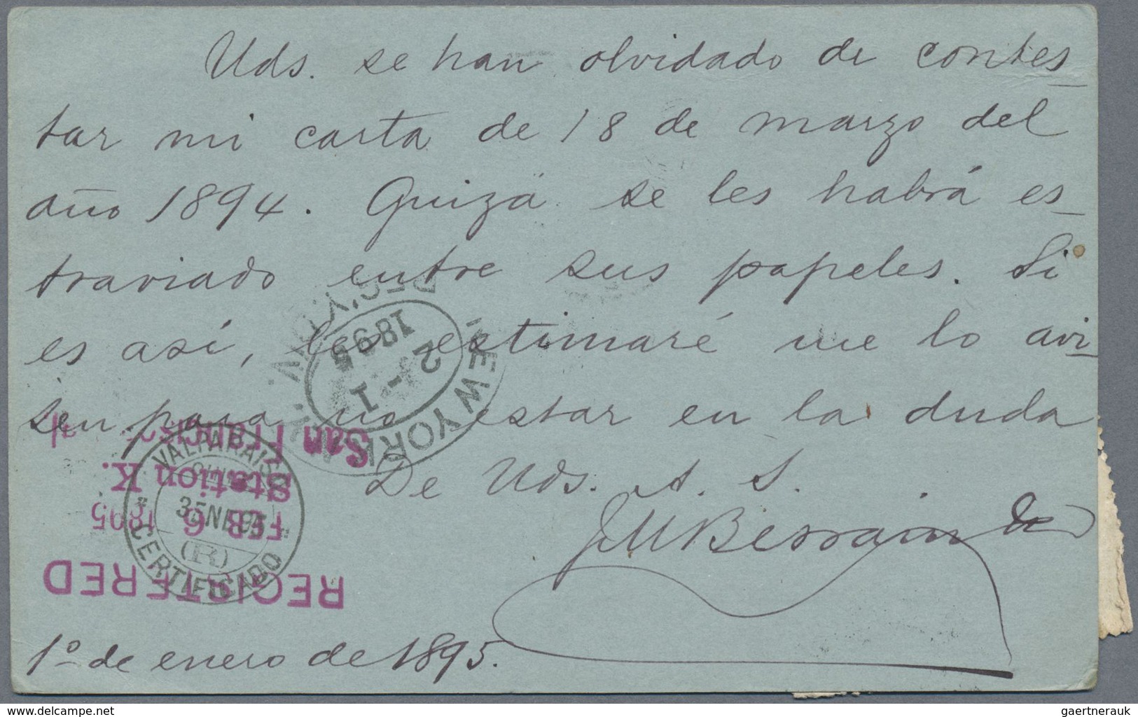 GA Chile - Ganzsachen: 1895, Stationery Card Colon 3 C Carmine On Bluish Paper Uprated 10 C Orange Sent - Chile