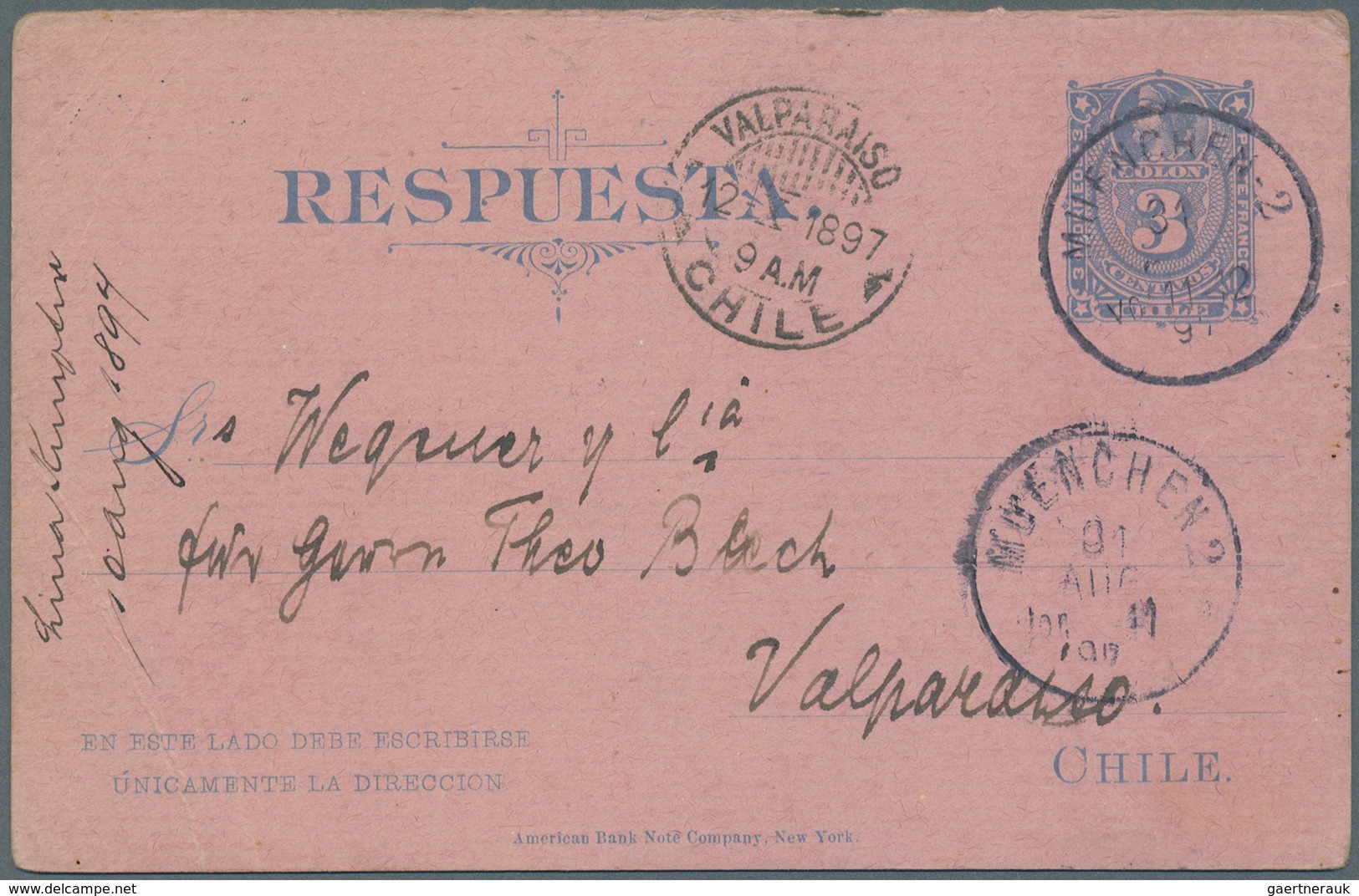 GA Chile - Ganzsachen: 1897, 3 Ctv.green Postal Stationery Reply Card Sent Back To Chile, Fine Strike " - Chili