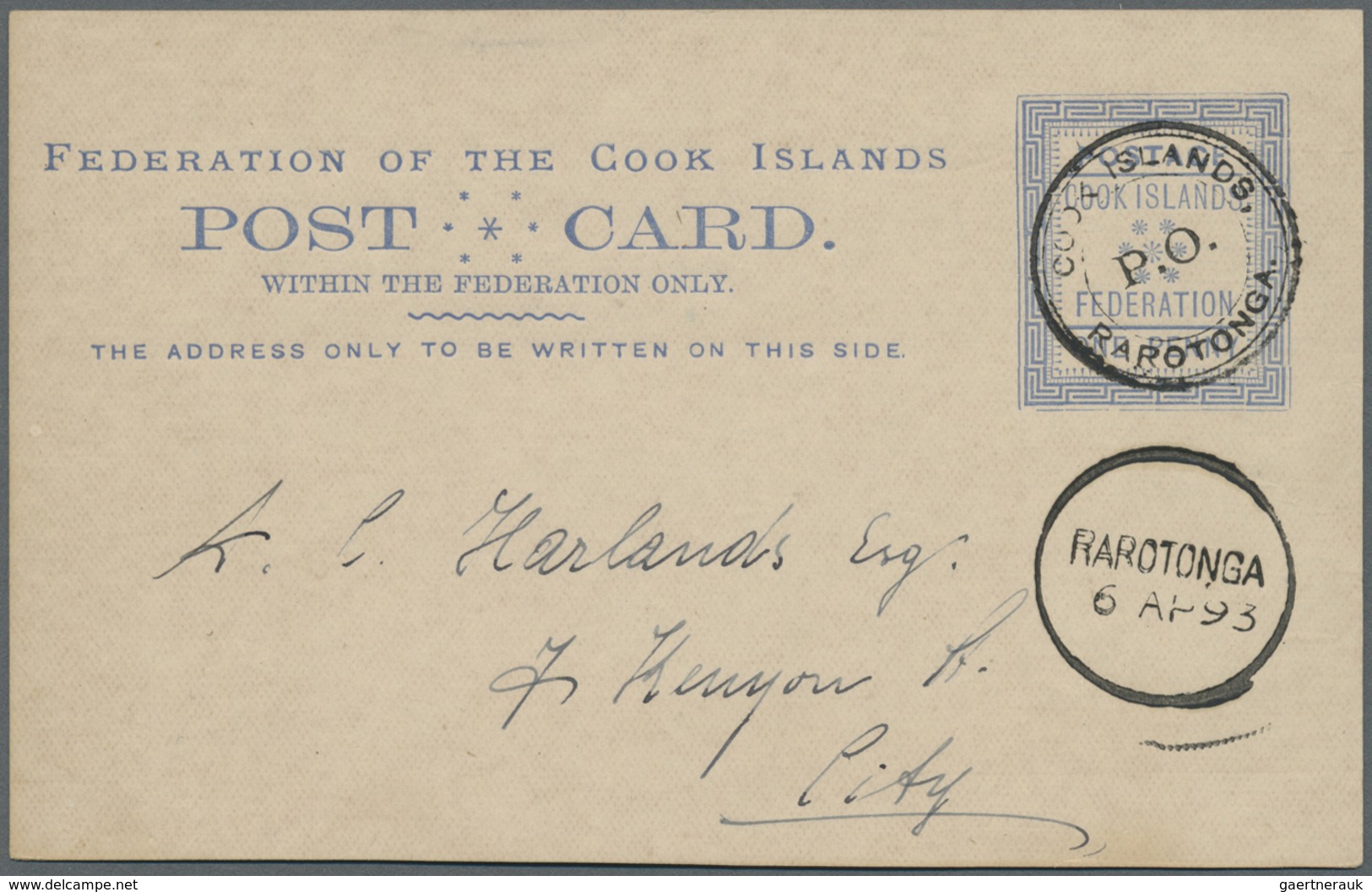 GA Cook-Inseln: 1893, Stat. Postcard 1d. Blue Used With Fine 'COOK ISLANDS P.O. RAROTONGA' Pmk. Locally - Cookeilanden