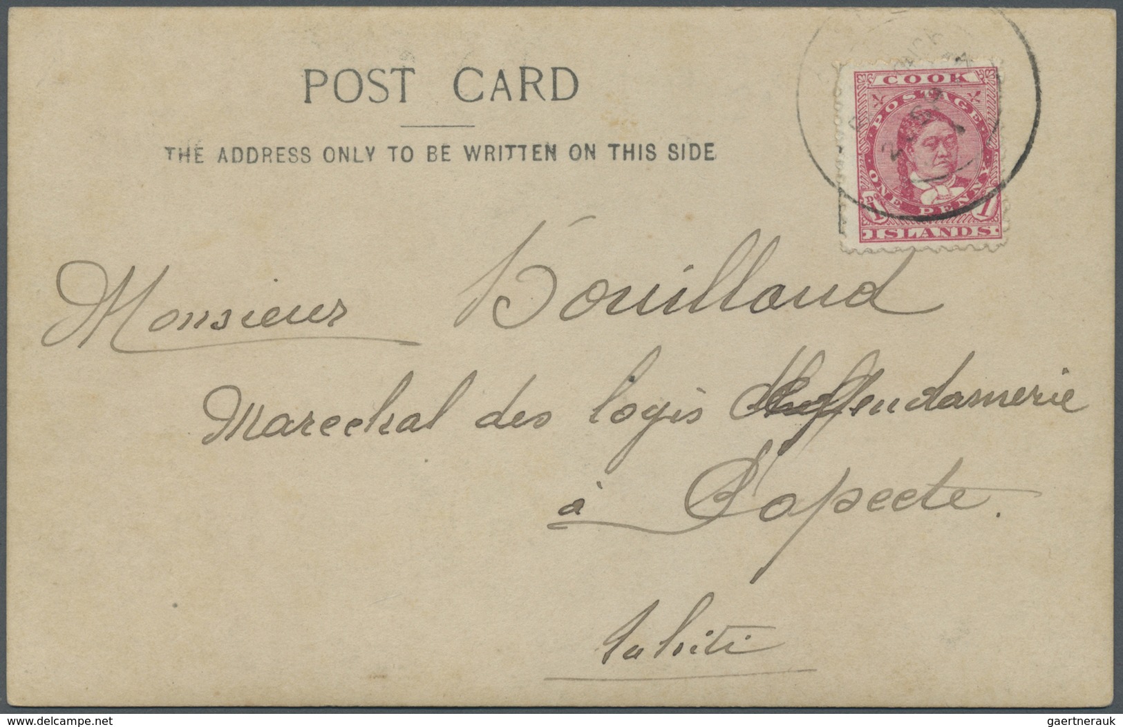 Br Cook-Inseln: 1908. Photographie Card Addressed To Papeete, Tahiti Bearing Cook Islands SG 29, 1d Ros - Cook