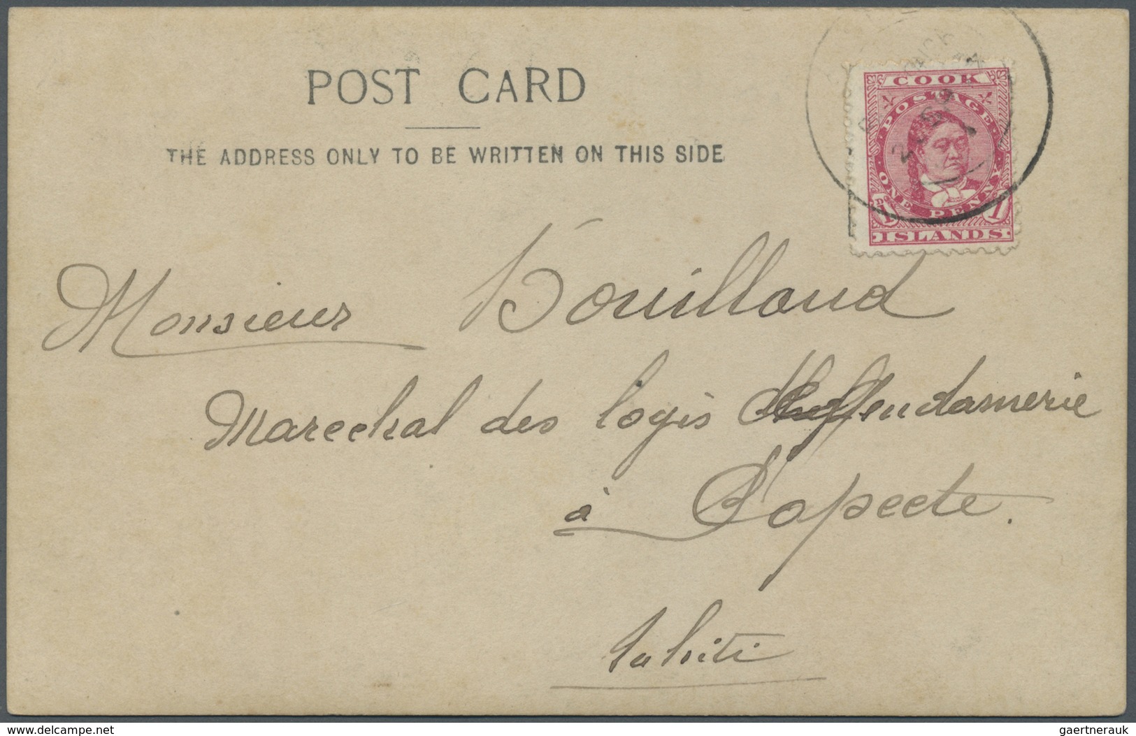 Br Cook-Inseln: 1908. Photographie Card Addressed To Papeete, Tahiti Bearing Cook Islands SG 29, 1d Ros - Cookeilanden