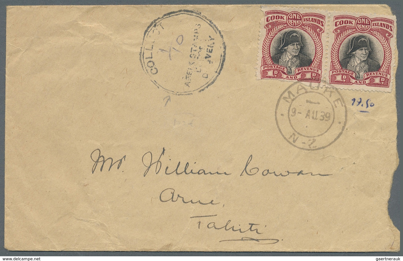 Br Cook-Inseln: 1939. Envelope (faults) Addressed (right Side Some Reduced) To Tahiti Bearing Cook Isla - Cook