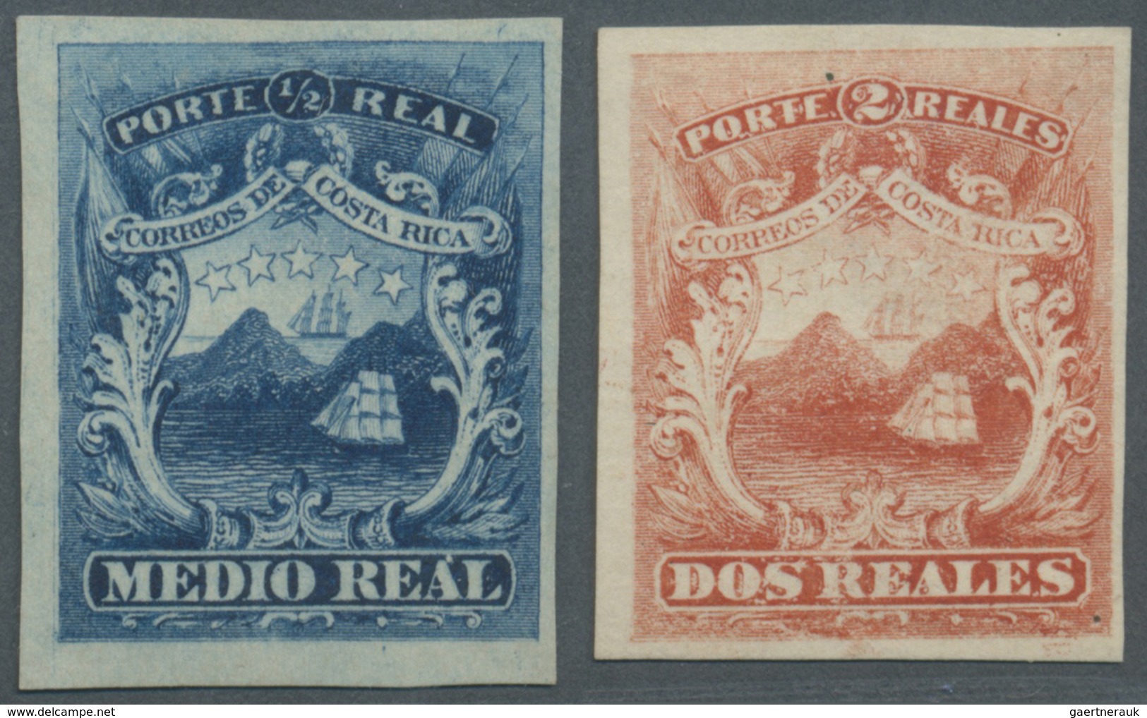 (*) Costa Rica: Ca. 1862, Two Proofs From The First Issue Medio Real Blue And Dos Reales Pale-rose Not P - Costa Rica