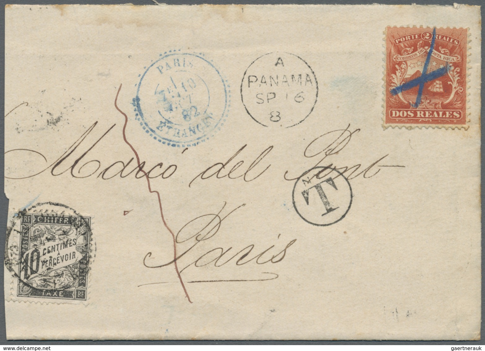 Br Costa Rica: 1882 Cover (trimmed 3.5 Cm At Left) To Paris Bearing 1863 2r. Red With Blue "cross" Canc - Costa Rica