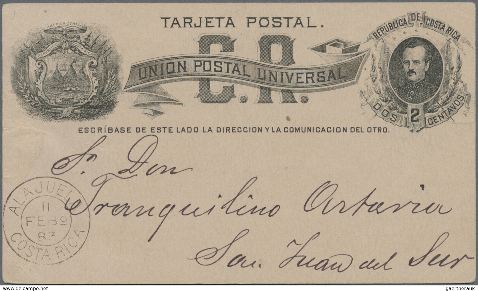 GA Costa Rica: 1883, 2 Ct Black Fernandez Postal Stationery Card With Clear Double Cirle Dater ALAJUELA - Costa Rica