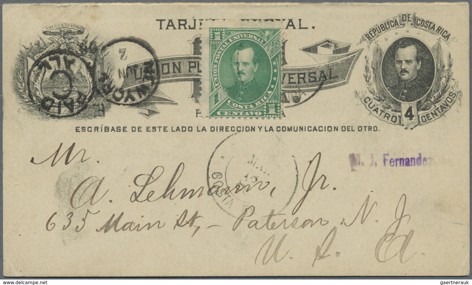 GA Costa Rica: 1883, 4 Ct Black Fernandez Postal Stationery Reply Card Question-part, Uprated With 1 Ct - Costa Rica