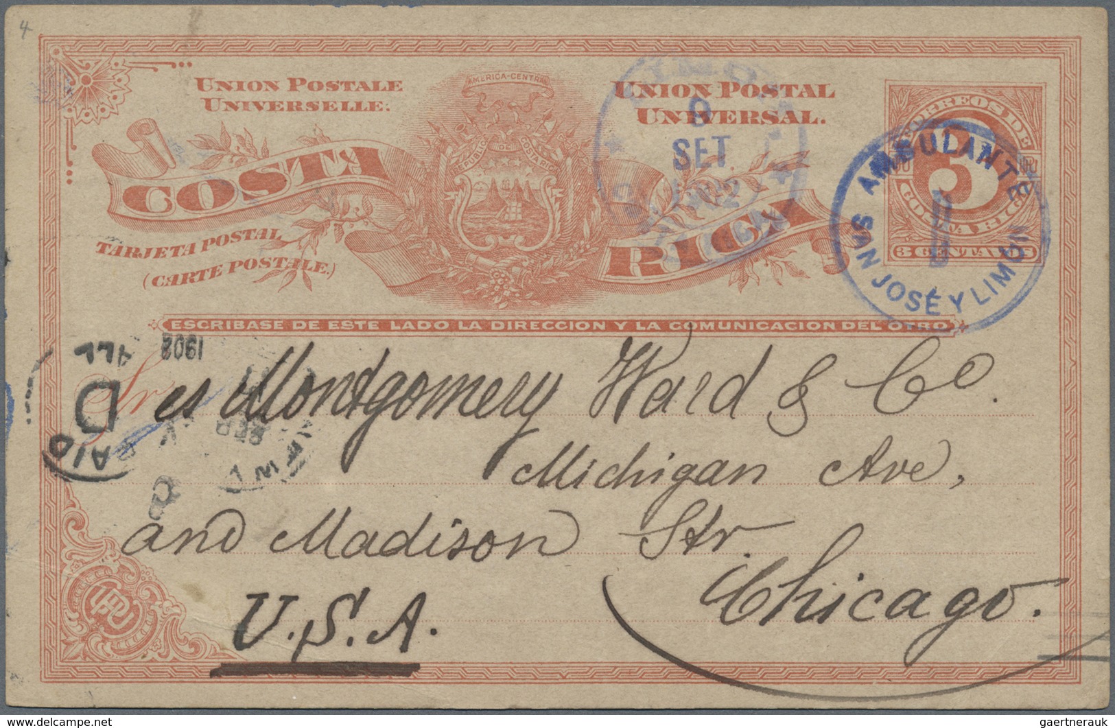 GA Costa Rica: 1890, 3 Ct Brick-red Postal Stationery Card With Clear Railway Cds AMBULANTE / B / SAN J - Costa Rica