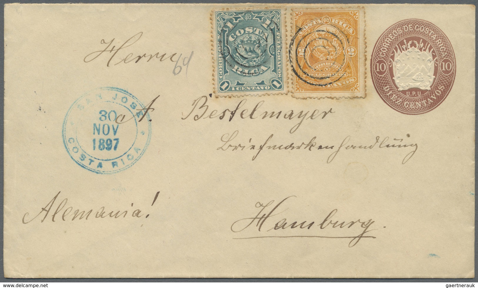 GA Costa Rica: 1897. Postal Stationery Envelope 10c Brown Upgraded With Yvert 31, 1c Blue/green And Yve - Costa Rica