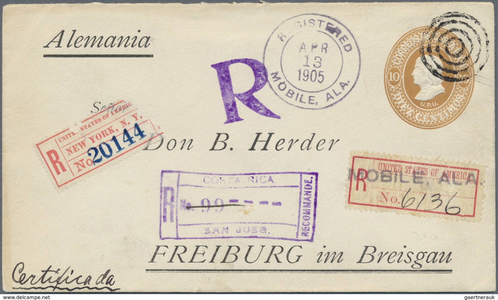 GA Costa Rica: 1905. Registered Costa Rica Postal Stationery Envelope 10c Bistre Cancelled By Concentri - Costa Rica