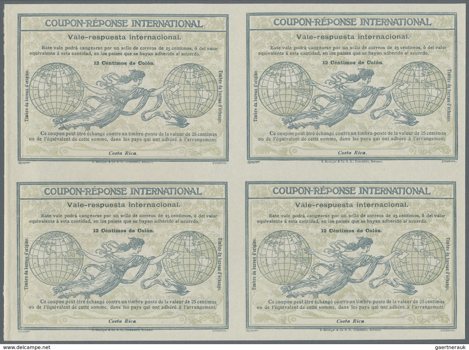 GA Costa Rica: Design "Rome" 1906 International Reply Coupon As Block Of Four 12 C. Costa Rica. This Bl - Costa Rica