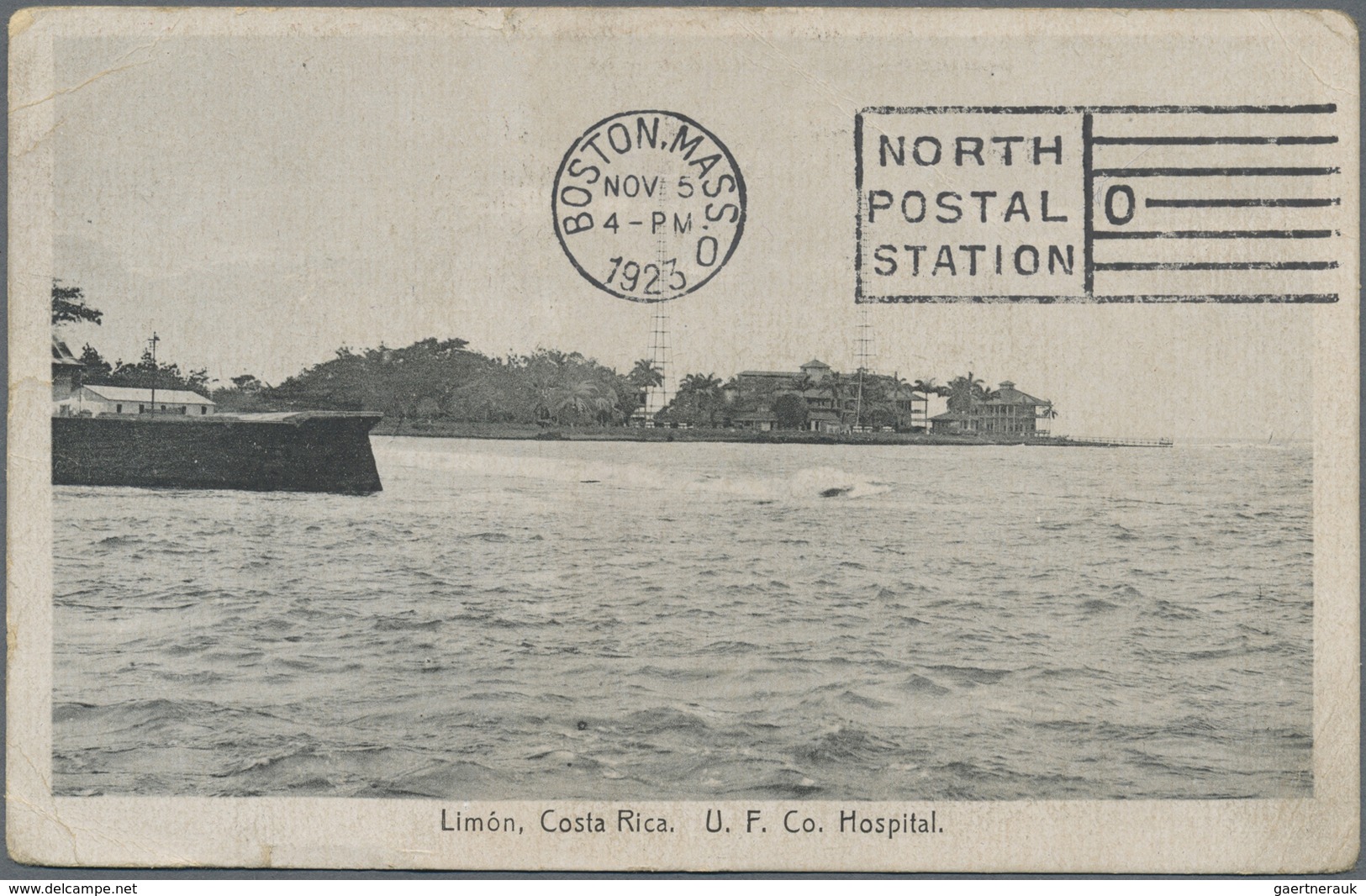 GA Costa Rica: 1923, 4 C Red Picture Stationery Card "Limon, C.R. U.F.Co.Hospital" (one Stamp Removed), - Costa Rica