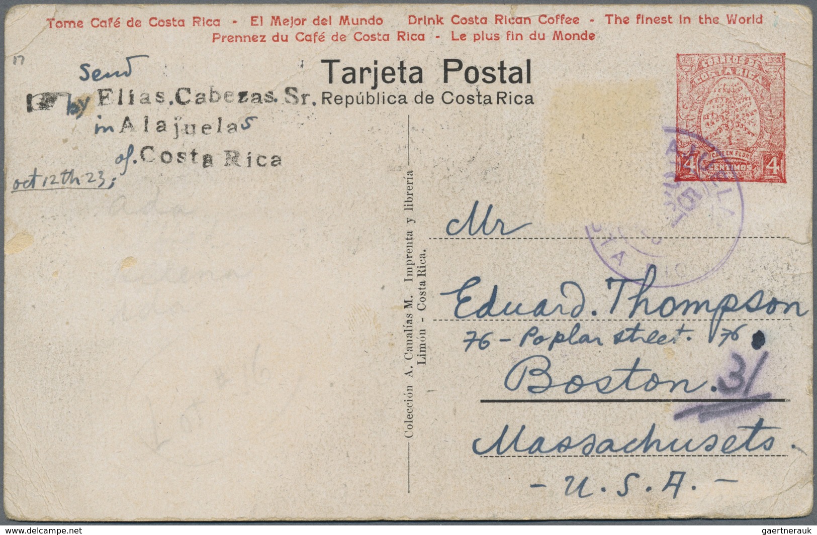 GA Costa Rica: 1923, 4 C Red Picture Stationery Card "Limon, C.R. U.F.Co.Hospital" (one Stamp Removed), - Costa Rica