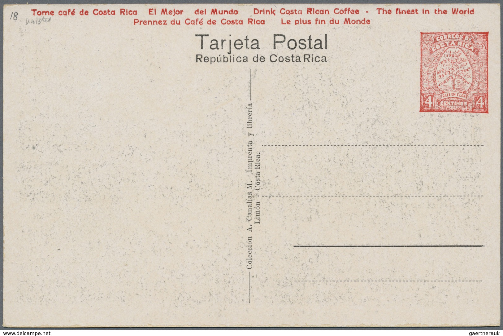 GA Costa Rica: 1923, Picture Stationery Card 4 C With Motive No.1 "Limon, Estation R.L.Templo Masonico" - Costa Rica