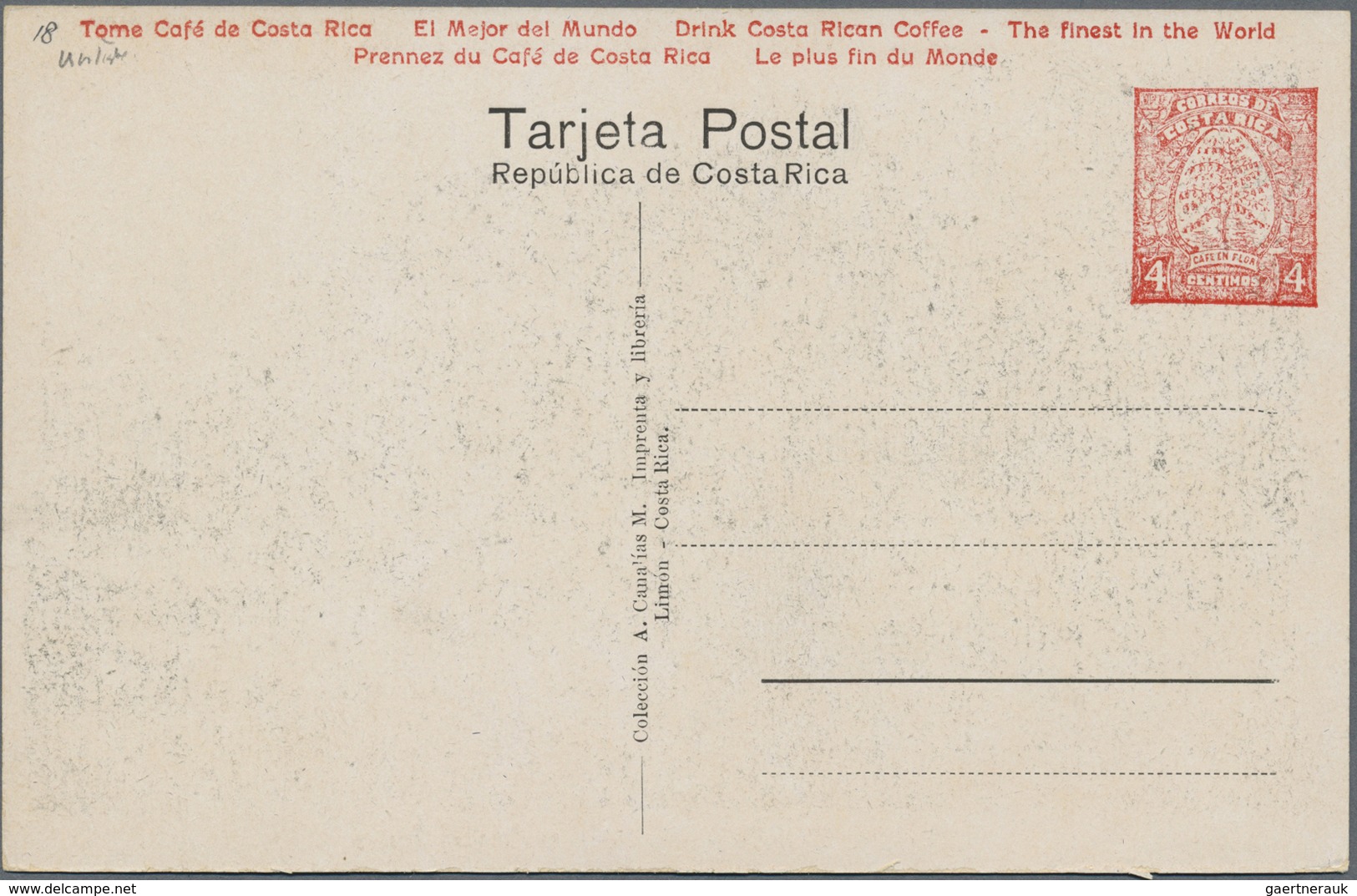 GA Costa Rica: 1923, Picture Stationery Card 4 C With Motive No.12 "Limon, Entrada A Parque Sur" And Ad - Costa Rica