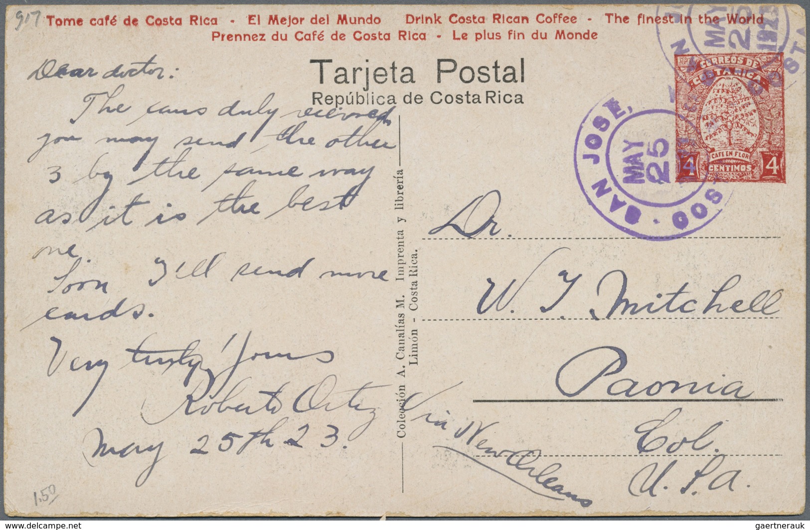 GA Costa Rica: 1923, Picture Stationery Card 4 C With Motive No.14 "Limon, Los Muelles" And Advertising - Costa Rica