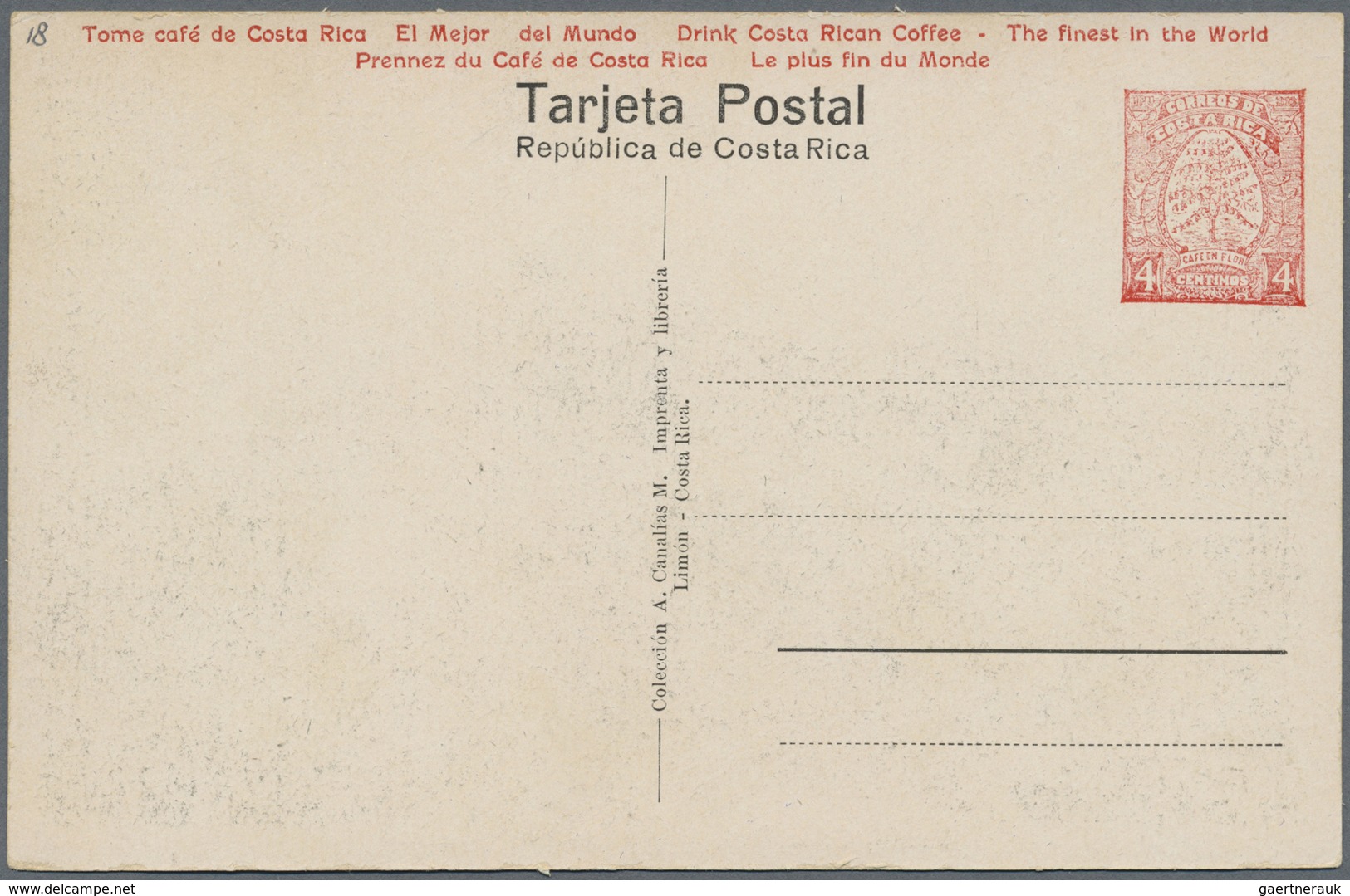 GA Costa Rica: 1923, Picture Stationery Card 4 C With Motive No.21 "Limon, Hotel Londres Y Logia" And A - Costa Rica